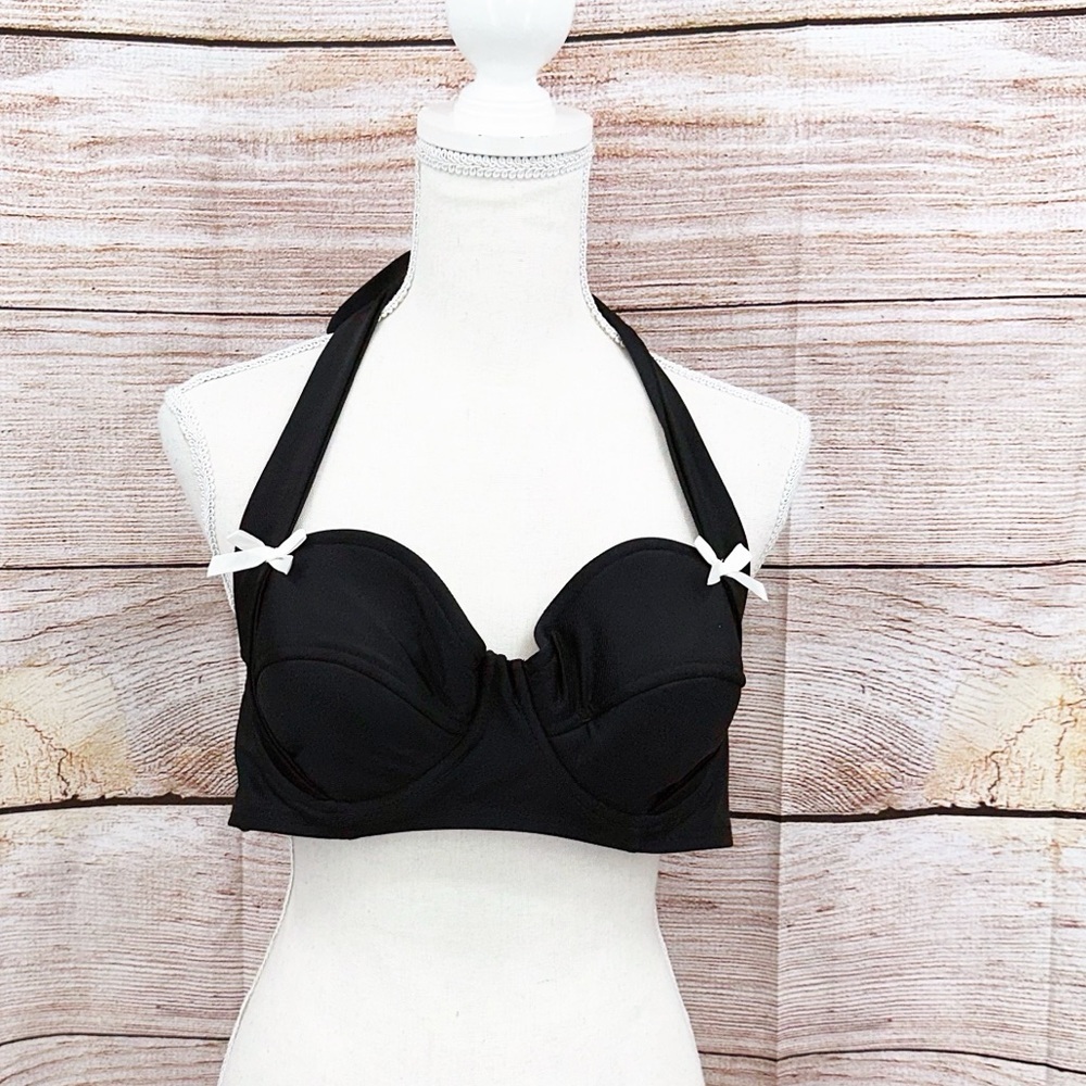 Fables by Barrie Black Halter Retro Style Bikini Top with White Accents Size XL